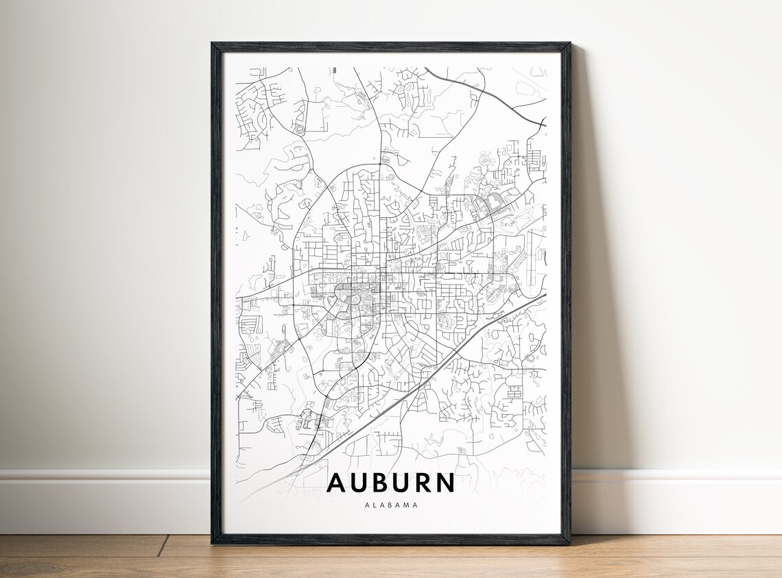 Auburn Alabama Black And White Sketch Map Poster