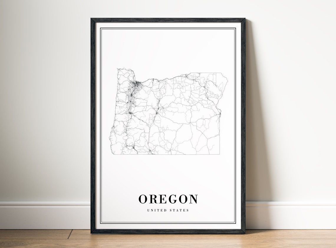 Oregon State Detailed Road Map Minimalist Black White Art Poster