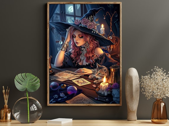 Witch And Cat Tarot Reading Candlelight Halloween Witchy Fantasy Poster