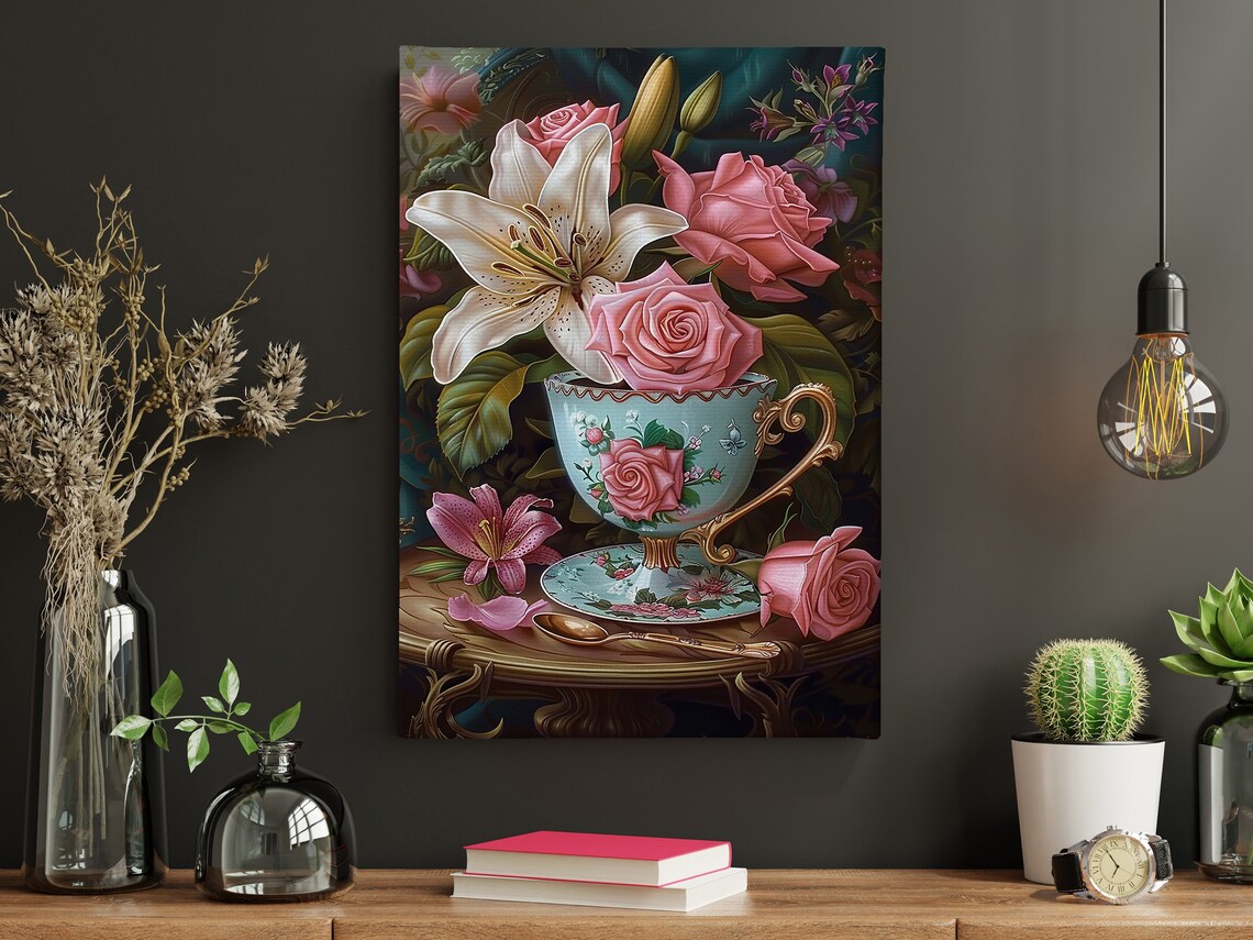 Pink Roses And White Lily In Porcelain Teacup Still Life Art Poster - Image 3