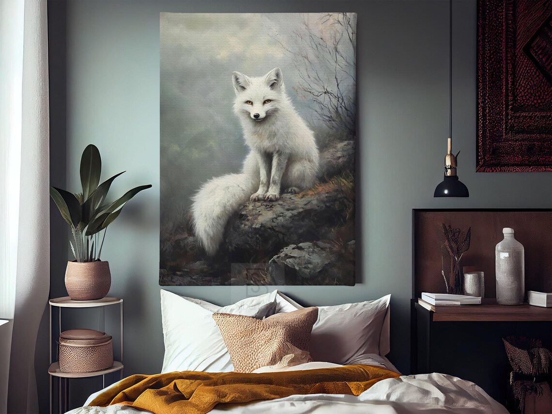 White Arctic Fox Sitting On Snowy Rocks Misty Winter Forest Wildlife Art Poster - Image 3