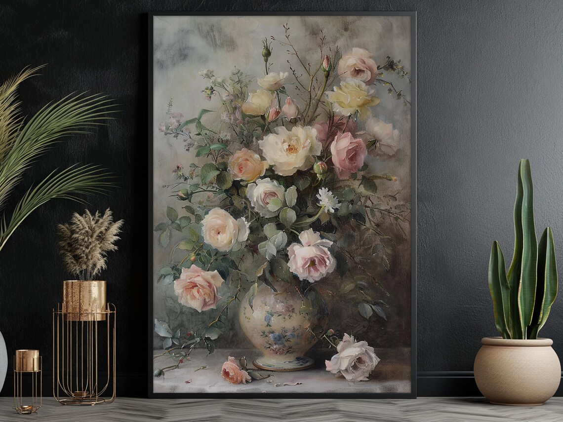 Pale Pink Roses Bouquet Vintage Porcelain Vase Soft Floral Art Poster - Image 3