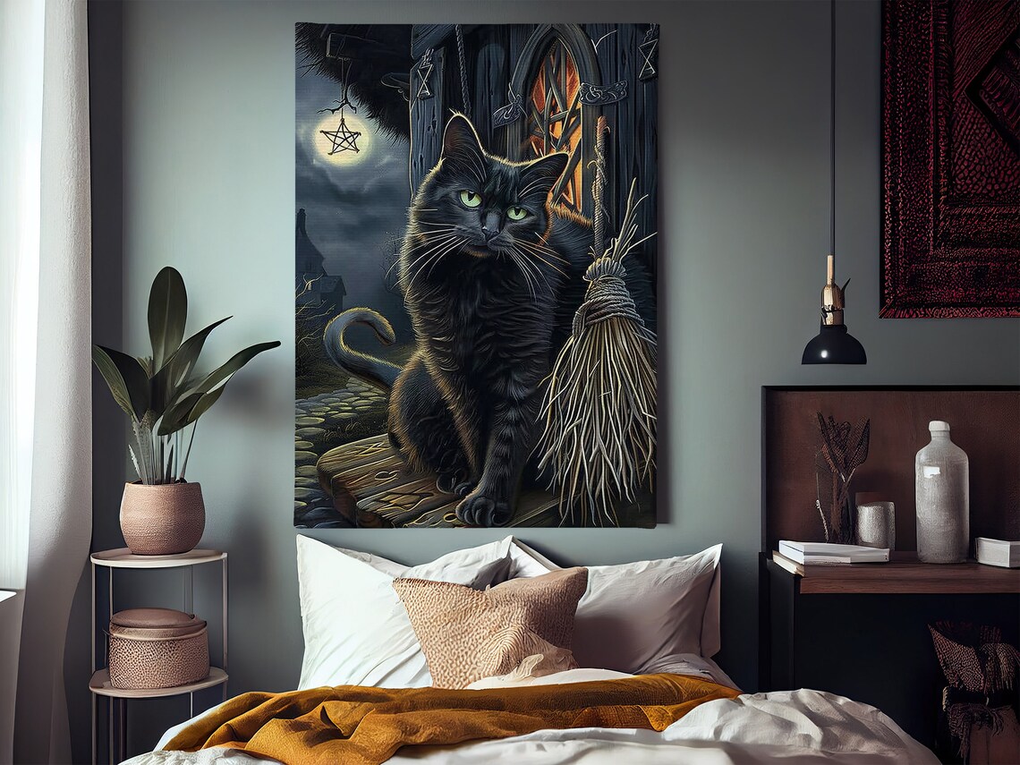 Black Cat Witch Halloween Painting Haunted House Broom Moon Gothic Poster - Image 2