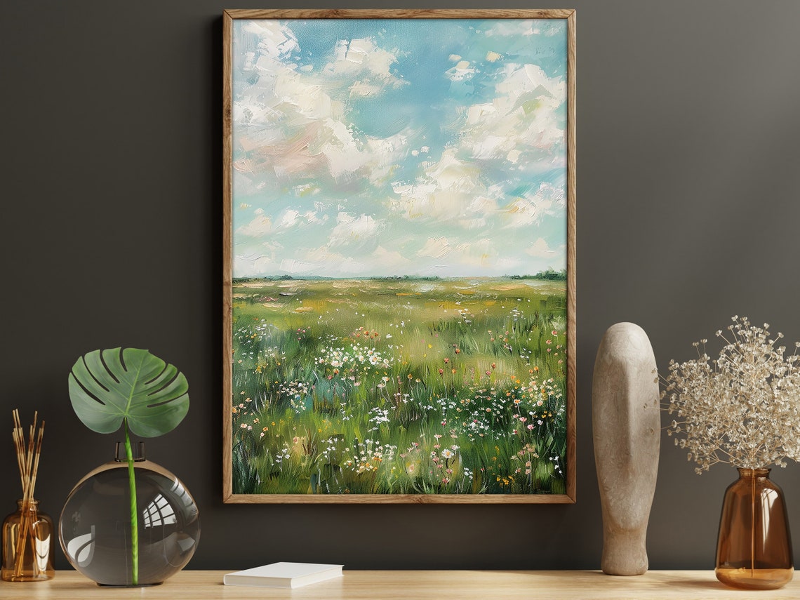 Summer Wildflower Meadow Under Big Clouds Impressionist Scenery Poster