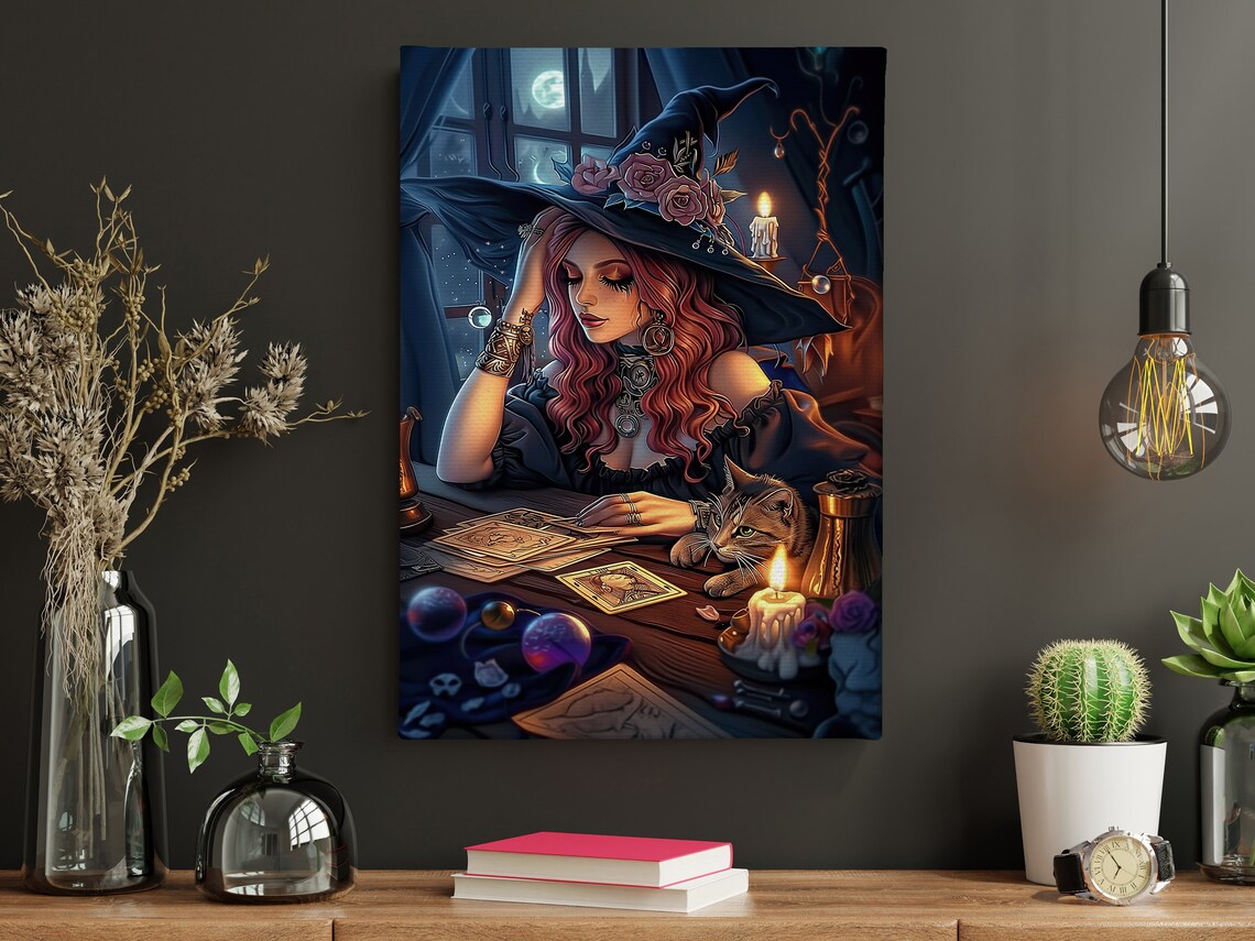 Witch And Cat Tarot Reading Candlelight Halloween Witchy Fantasy Poster - Image 3