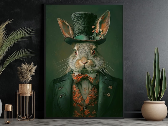 Gothic Gentleman Rabbit Portrait In Top Hat Vintage Style Art Print