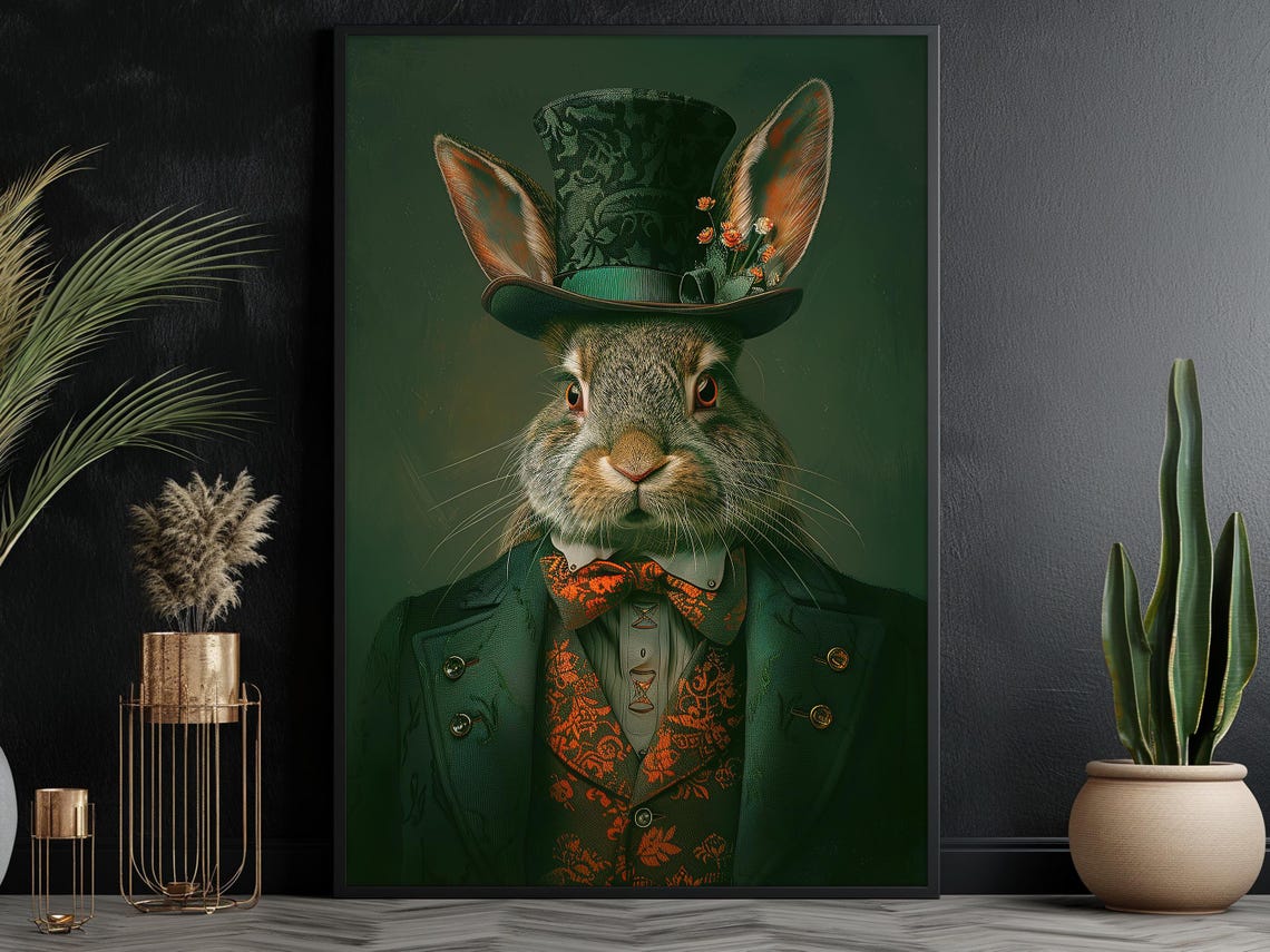 Gothic Gentleman Rabbit Portrait In Top Hat Vintage Style Art Print