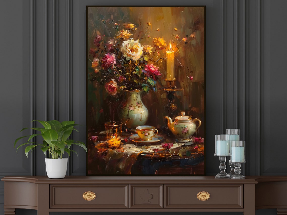 Vintage Flowers Vase And Teapot Oil Painting Flowers Vase Print Cottage Flowers Flowers Poster Flowers Wall Art - Image 5
