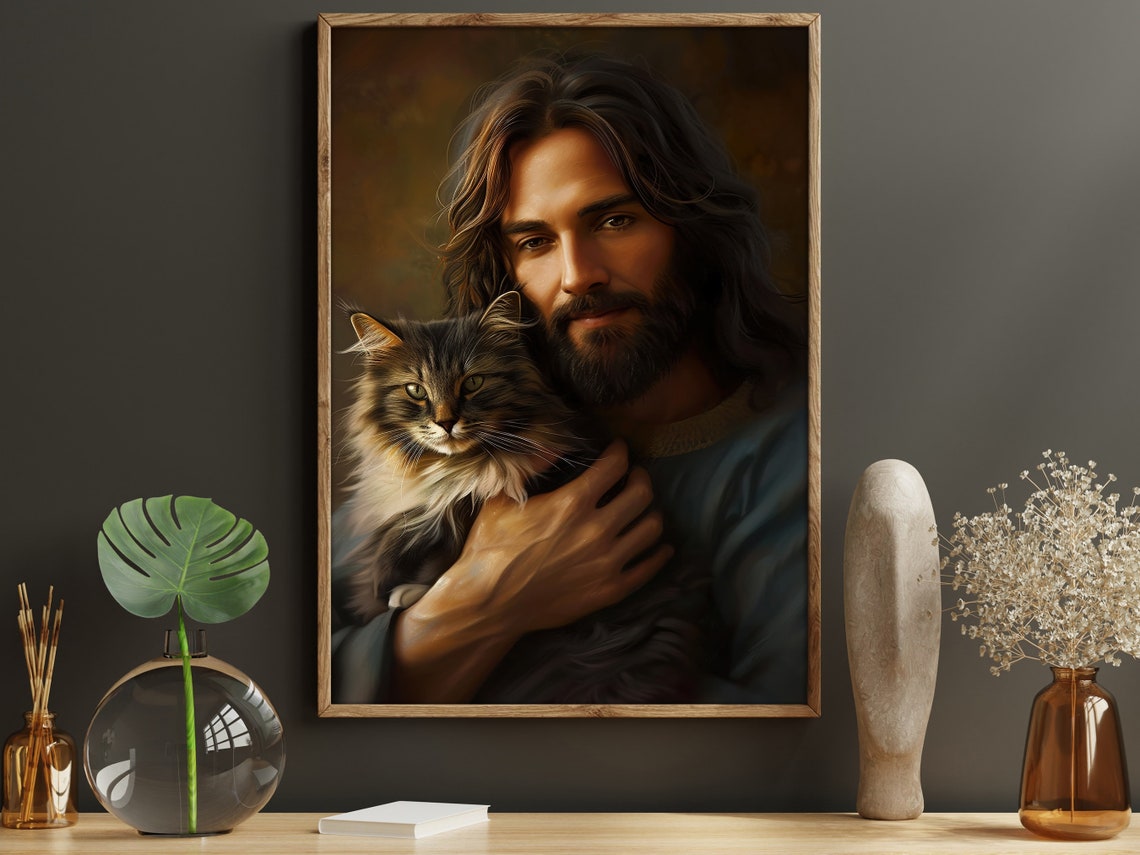 Jesus Holding A Fluffy Tabby Cat Warm Devotional Faith Art Poster