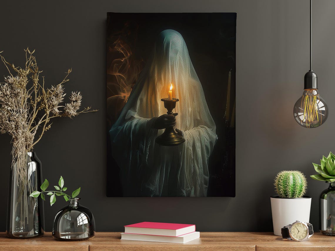 Veiled Ghost Holding Candle Dark Elegant Spooky Halloween Wall Art - Image 5