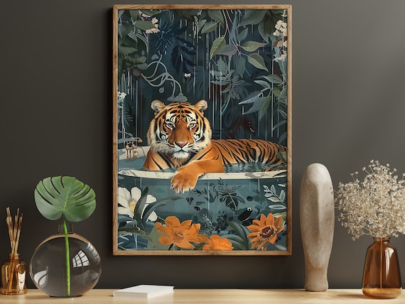 Tiger In Bathtub Tropical Jungle Floral Fun Animal Art Poster