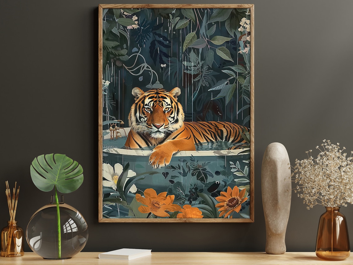 Tiger In Bathtub Tropical Jungle Floral Fun Animal Art Poster