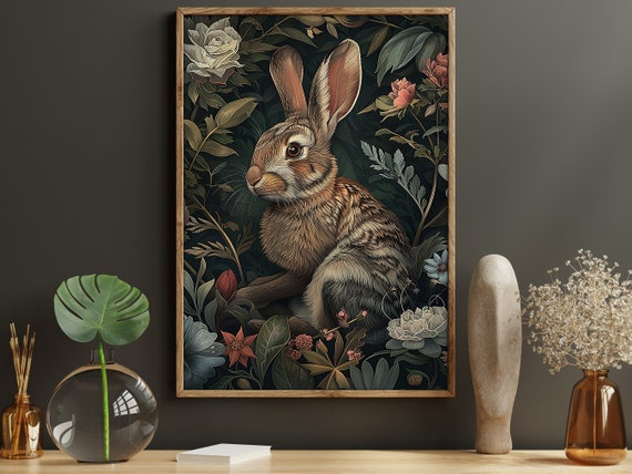 Vintage Rabbit and Flowers Poster Print, Cottage Decor