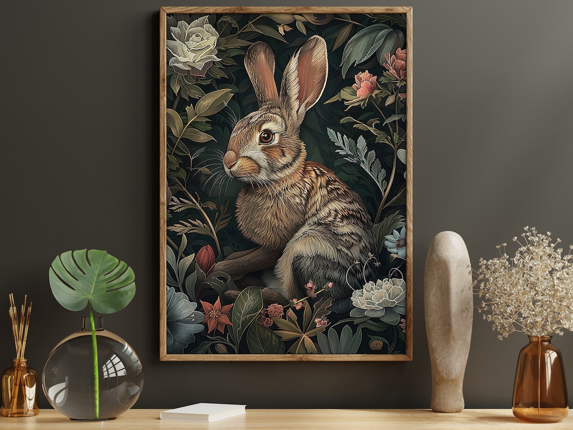 Vintage Rabbit and Flowers Poster Print, Cottage Decor