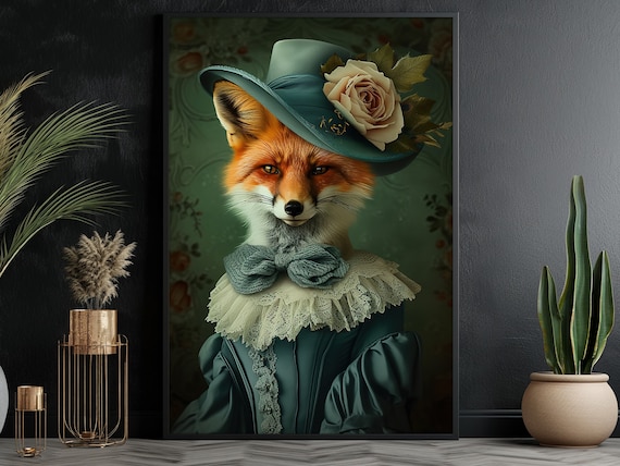 Fox Lady In Teal Victorian Gown Hat With Rose Gothic Portrait Wall Poster