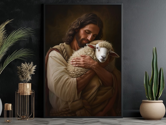 Jesus As Good Shepherd Embracing Lamb Devotional Faith Art Poster