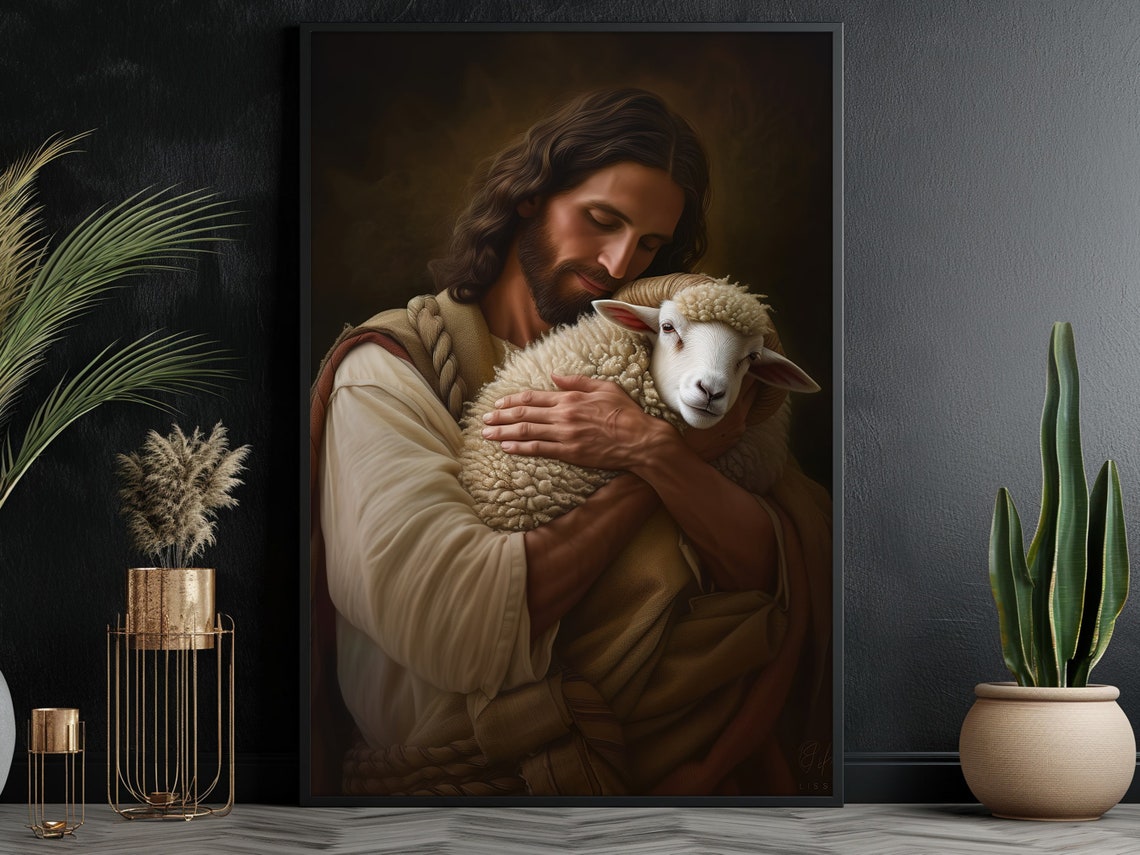 Jesus As Good Shepherd Embracing Lamb Devotional Faith Art Poster