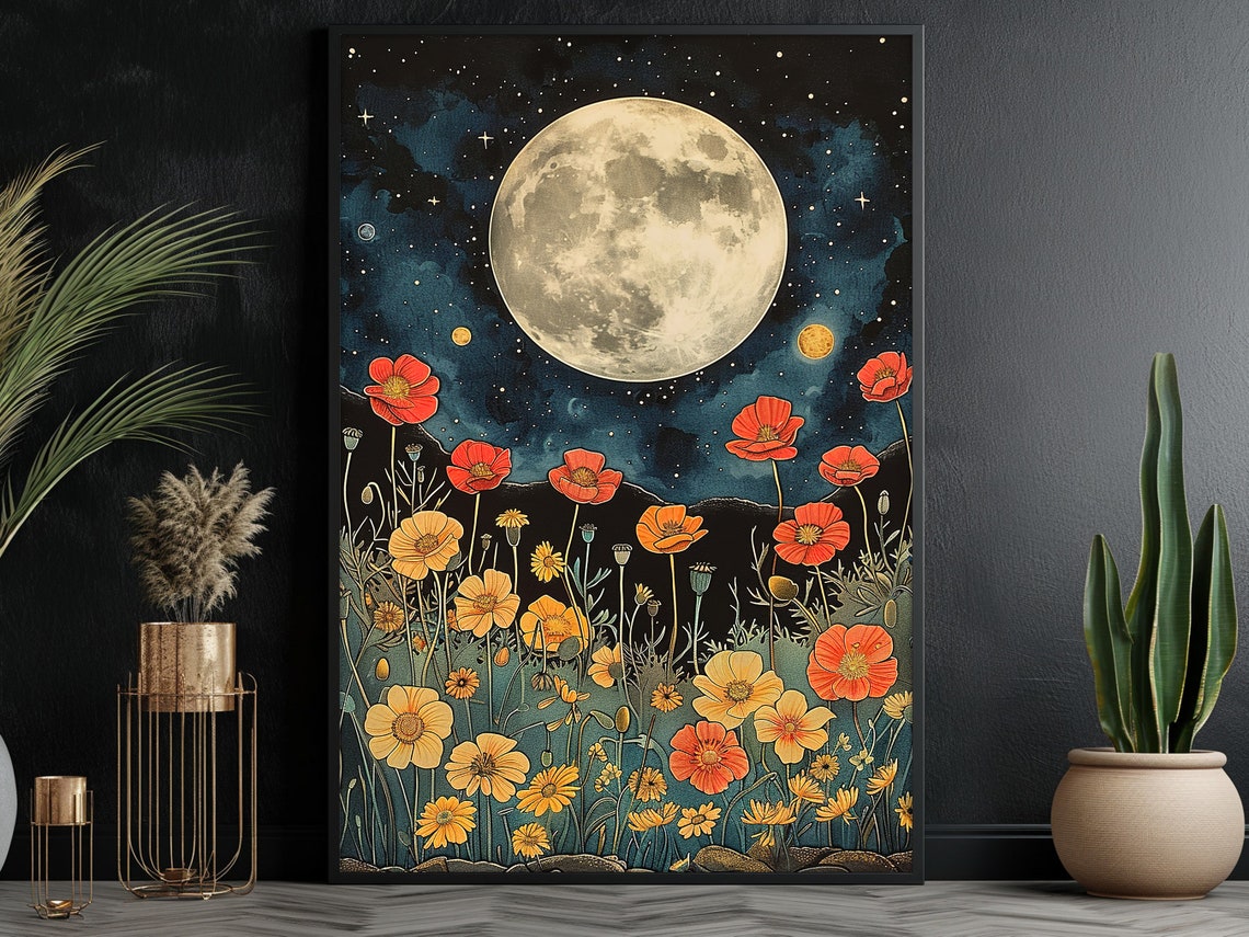 Red Poppies Under Full Moon Starry Night Vintage Floral Garden Poster - Image 3
