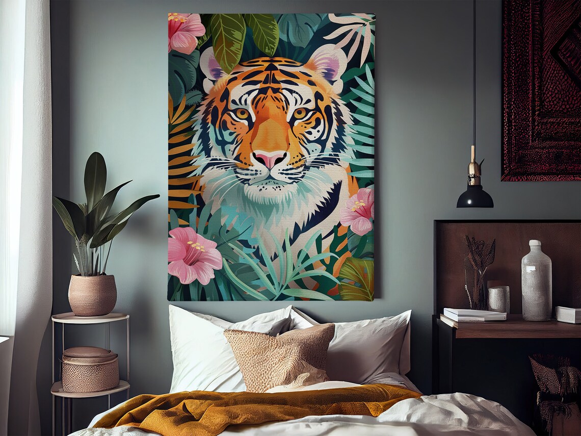 Colorful Tiger In Tropical Jungle Leaves Pink Flowers Matisse Style Poster - Image 2