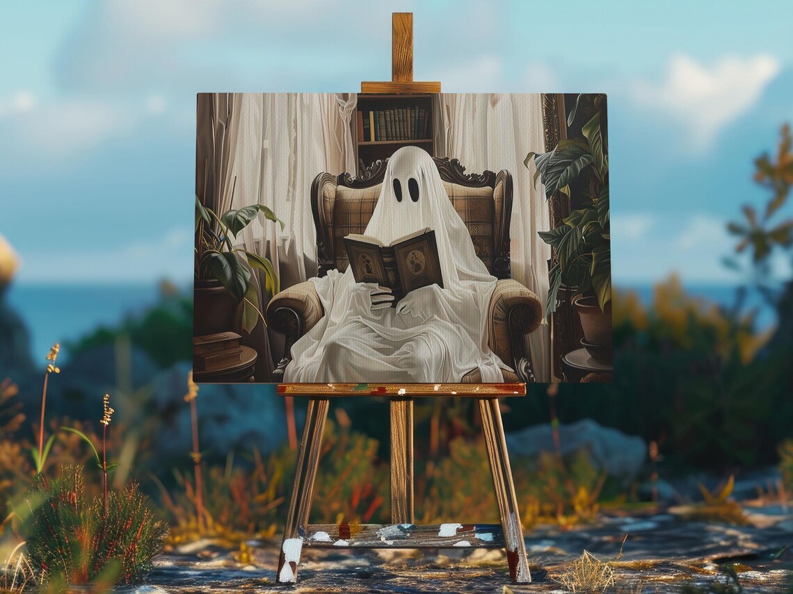 Cozy Vintage Ghost Reading Book in Armchair Library Halloween Art Poster - Image 2