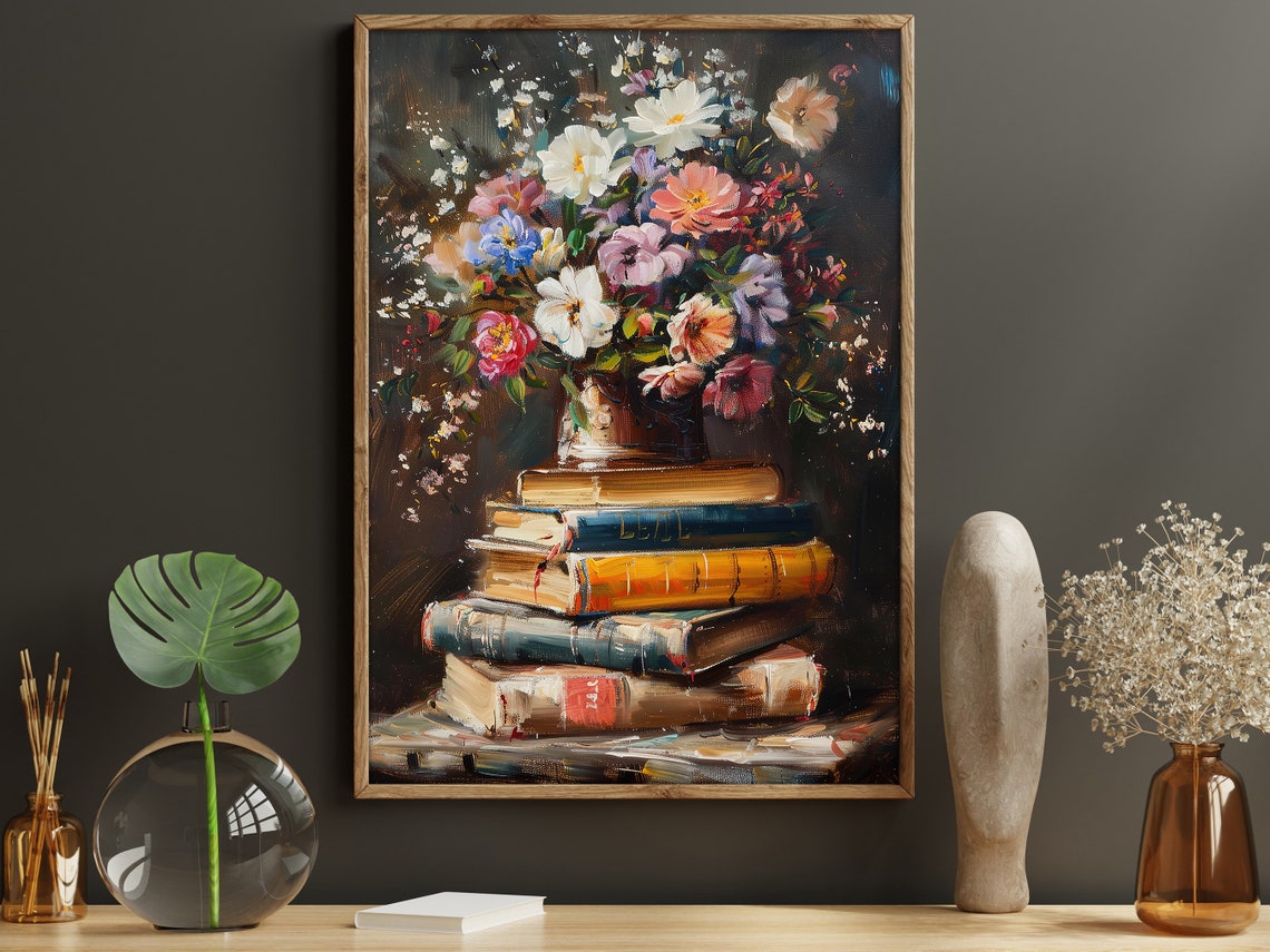 Vintage Flowers Vase And Books Oil Painting Flowers Vase Print Cottage Flowers Flowers Poster Flowers Wall Art