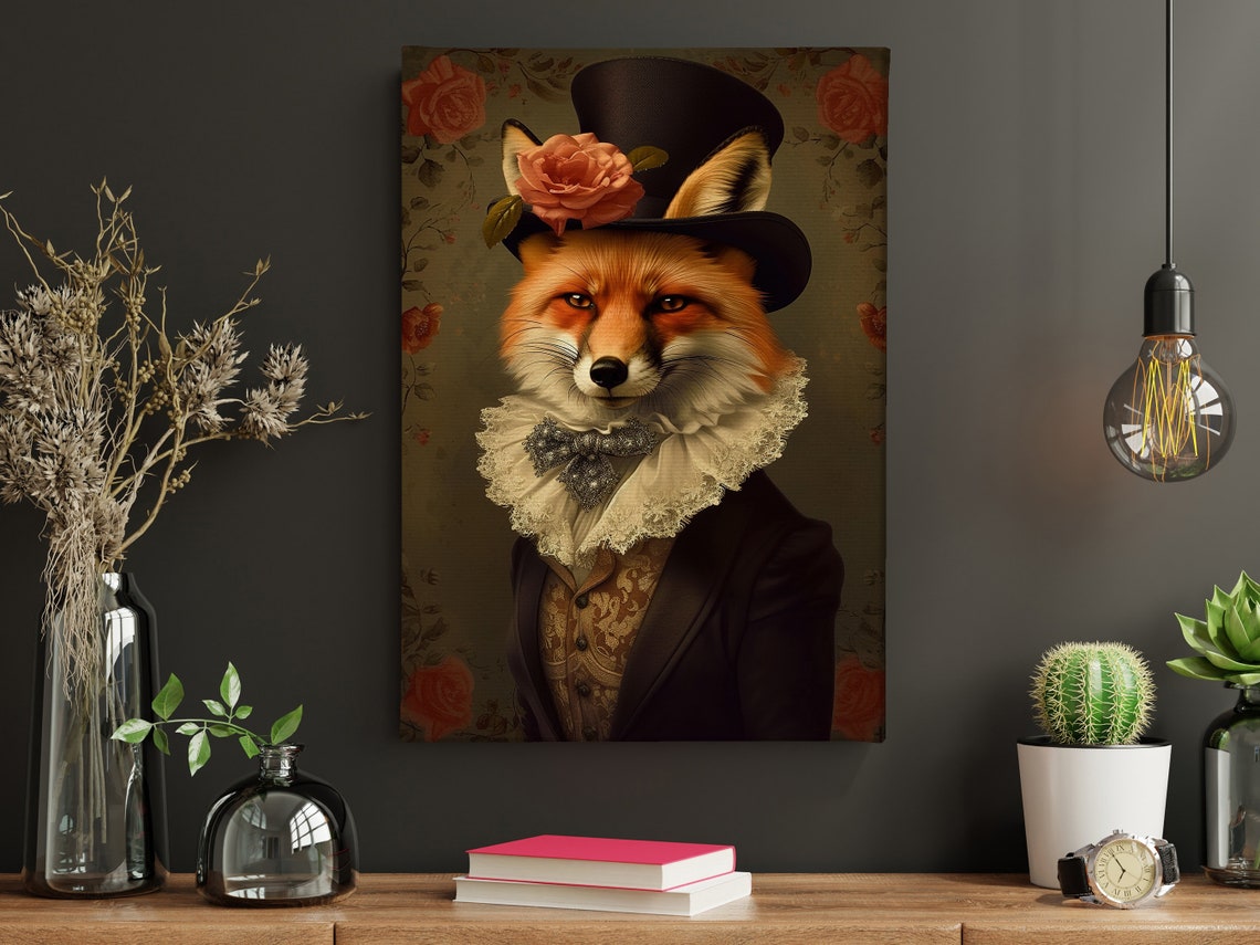 Gentleman Fox Portrait In Top Hat With Rose Vintage Animal Art Poster - Image 4