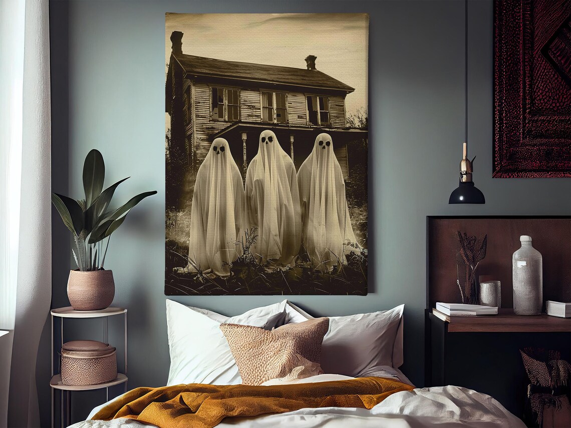 Three Vintage Sheet Ghosts in Front of Old Sepia Farmhouse Art Poster - Image 3