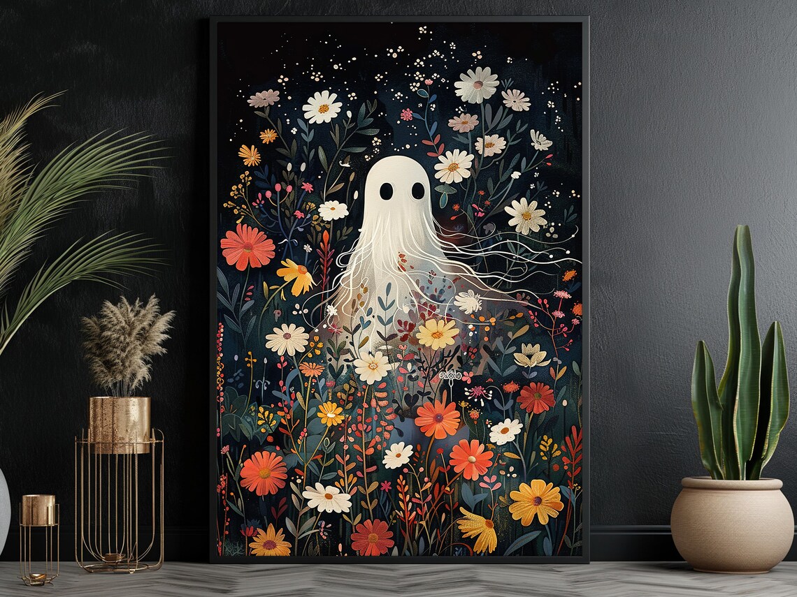 Vintage Ghost in Flowers Garden, Halloween Art Print - Image 3