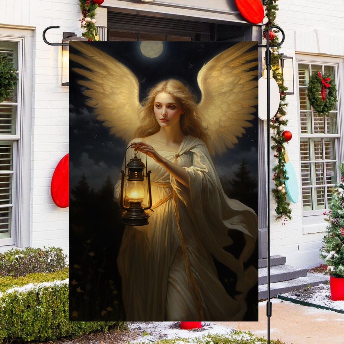 Angel Holding Lantern Under Full Moon Night Christmas Garden Flag Decor