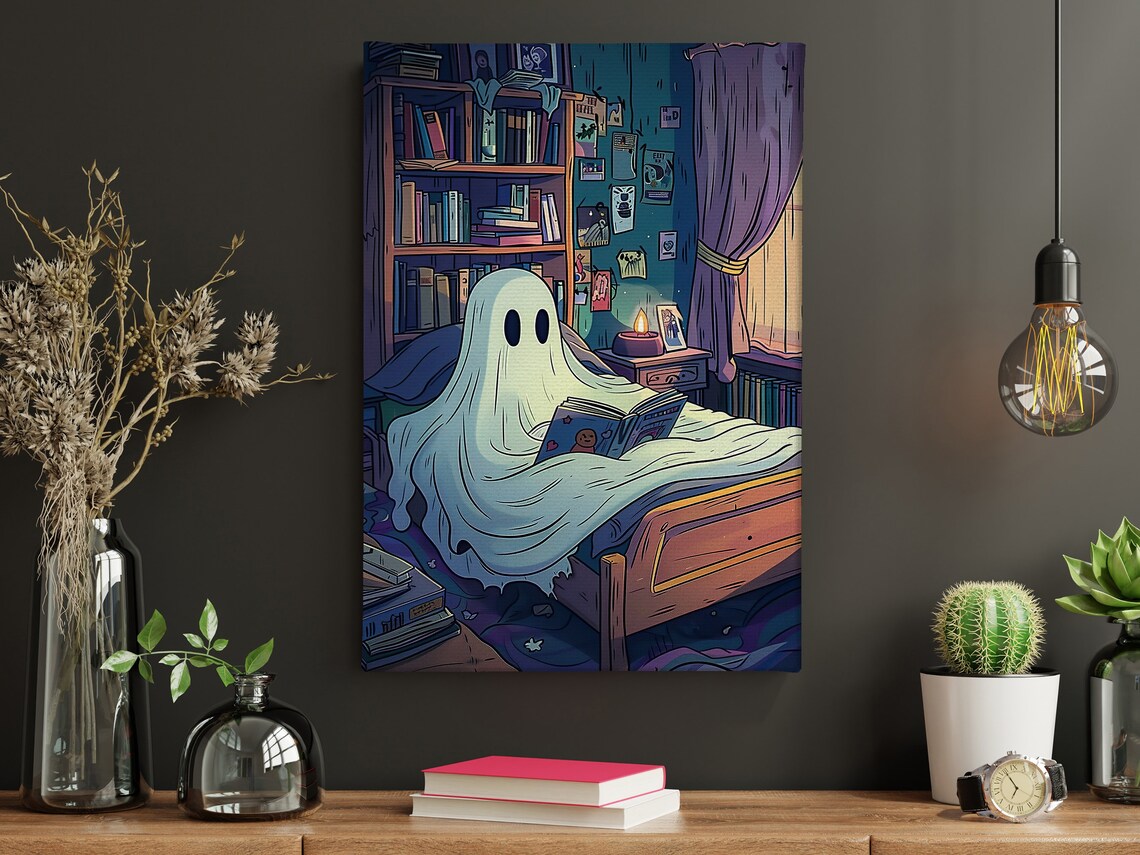 Cute Ghost Reading Book Cozy Bedroom Night Cartoon Halloween Art Poster - Image 4