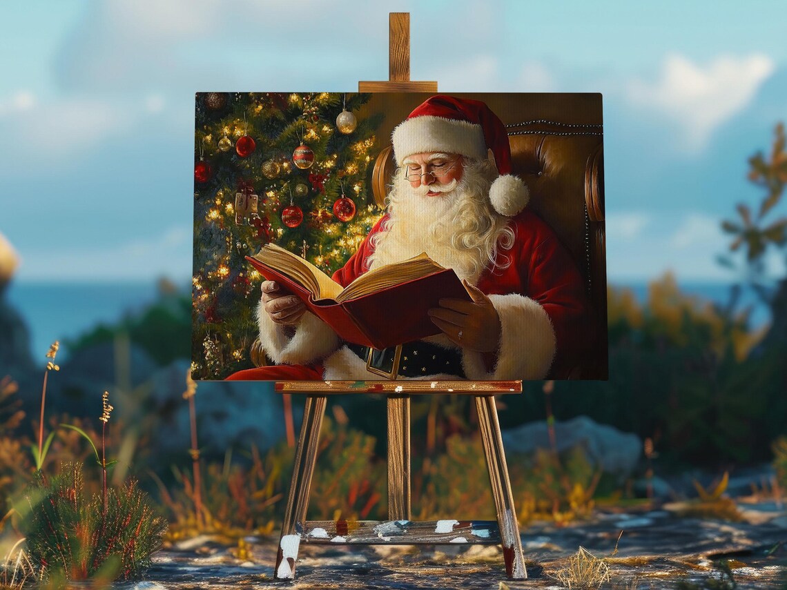 Santa Claus Reading Big Red Book Leather Chair Christmas Tree Cozy Art Poster - Image 2