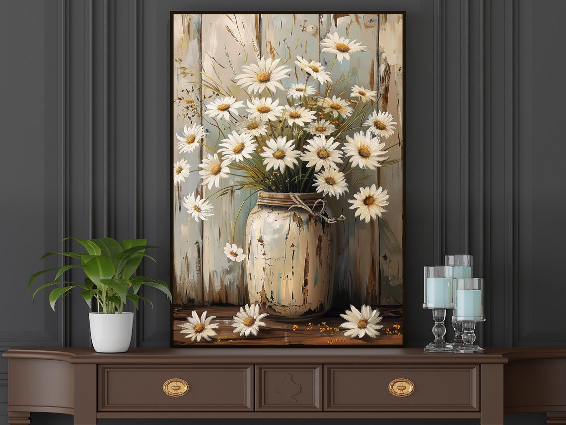 White Daisies In Rustic Vase Farmhouse Floral Still Life Wall Poster - Image 5