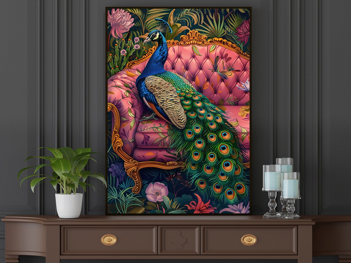 Tropical Peacock On The Sofa Wild Animal Art Print - Image 5