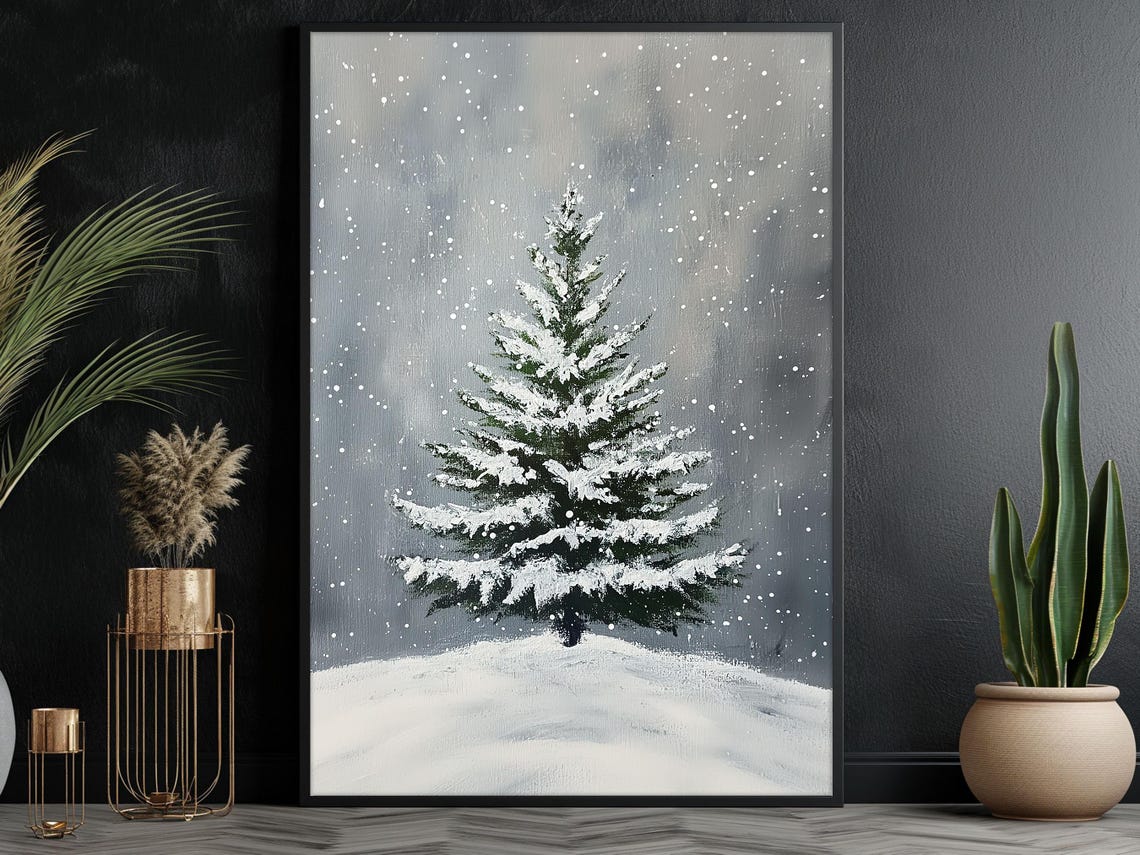 Snowy Pine Tree In Falling Snow Minimalist Winter Landscape Wall Art - Image 6