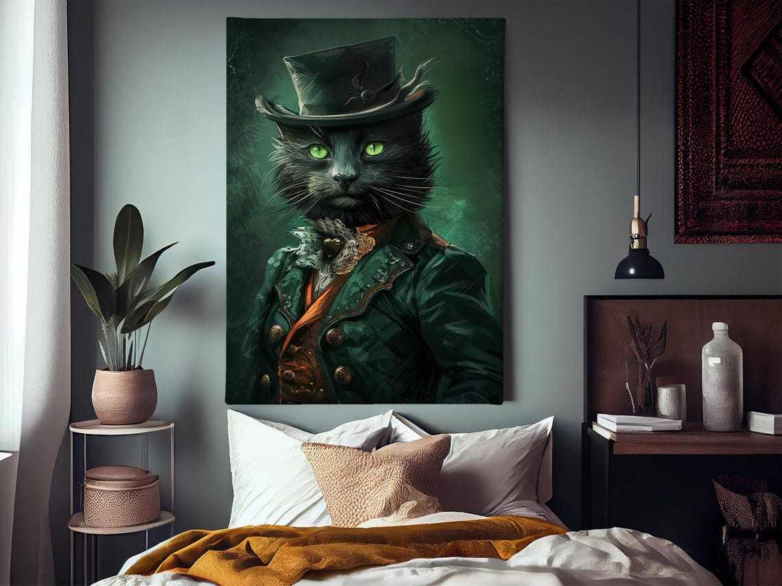 Gothic Gentleman Black Cat Portrait In Top Hat Vintage Style Print - Image 3