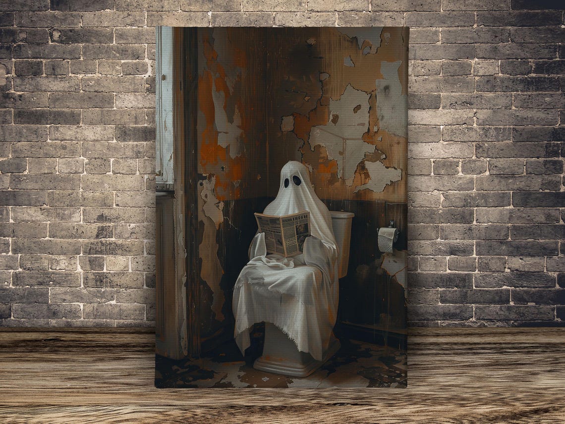 Funny Ghost Reading Newspaper on Toilet in Old Bathroom Art Poster - Image 2