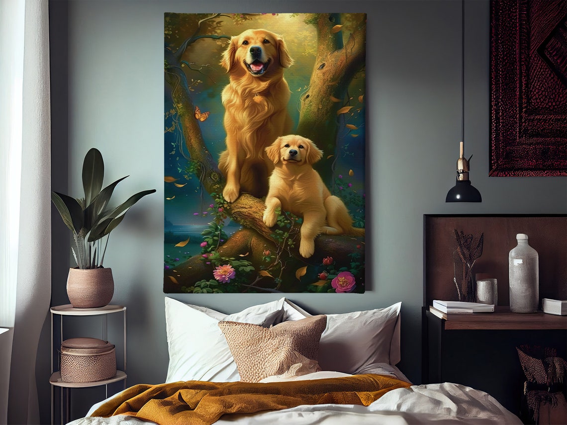 Golden Dog Mother And Child Oil Painting Dog Print Dog Print Flowers Poster Print Pet Wall Art Dog Lovers Gift - Image 2