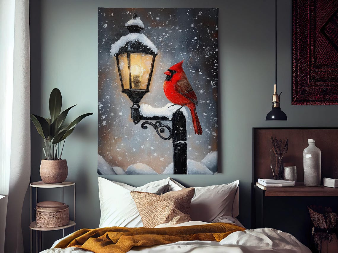 Red Cardinal Perched On Snowy Vintage Lamppost In Falling Snow Poster - Image 3
