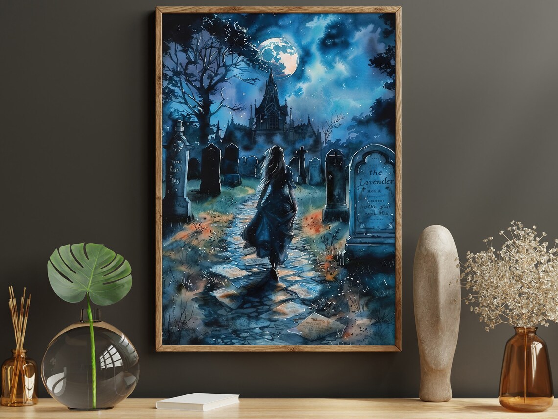 Moonlit Cemetery Witch Gothic Cathedral Blue Night Watercolor Spooky Poster