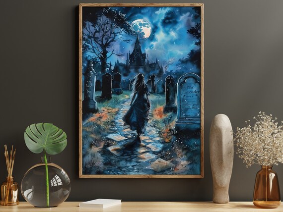 Moonlit Cemetery Witch Gothic Cathedral Blue Night Watercolor Spooky Poster
