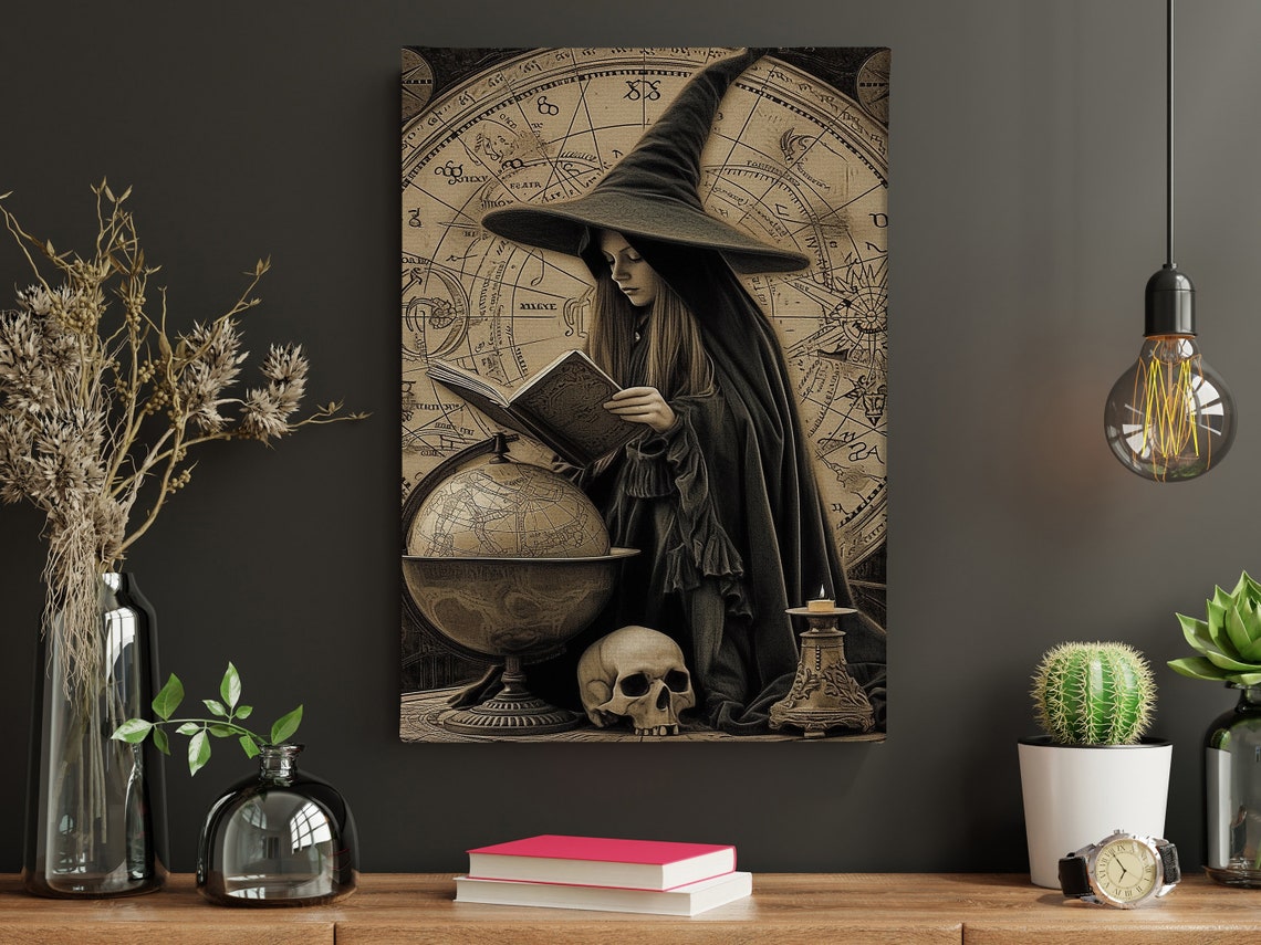 Vintage Witch Reading Spell Book With Skull Astrology Dark Art Poster - Image 5