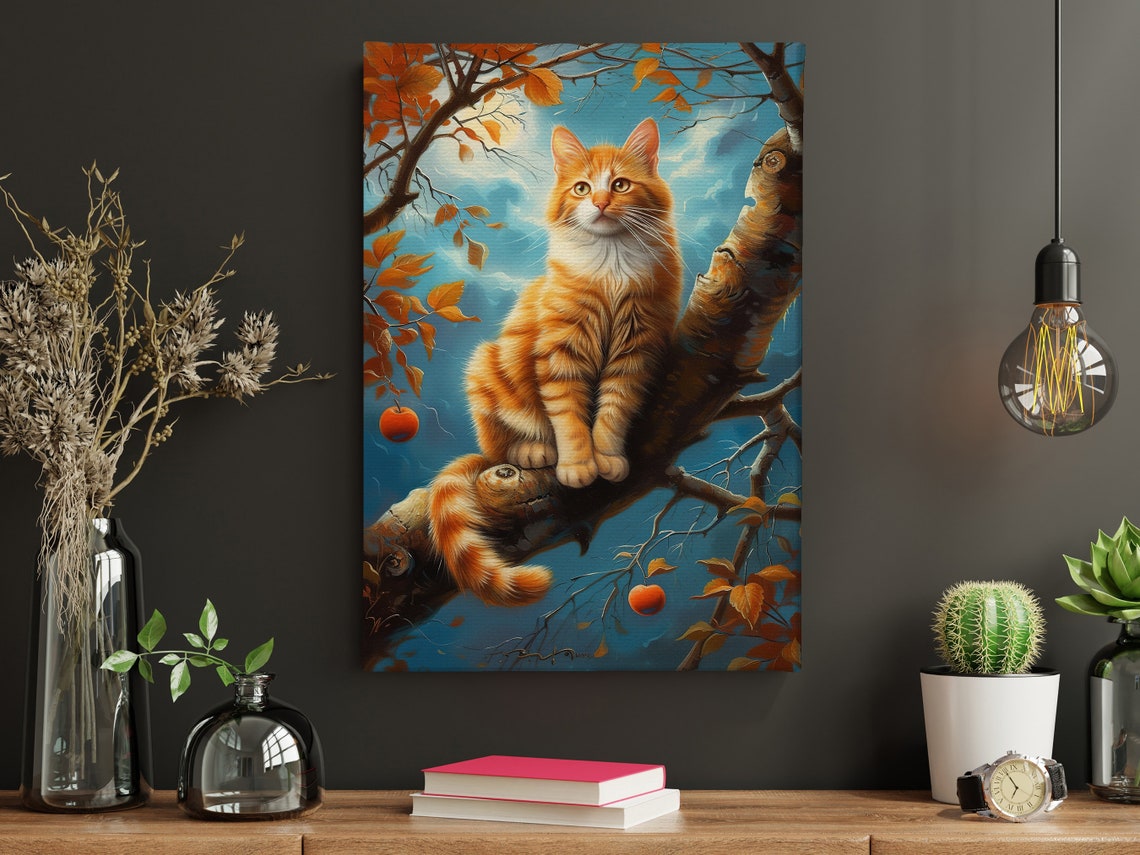 Orange Tabby Cat In Persimmon Tree Branch Autumn Sky Pet Art Poster - Image 3