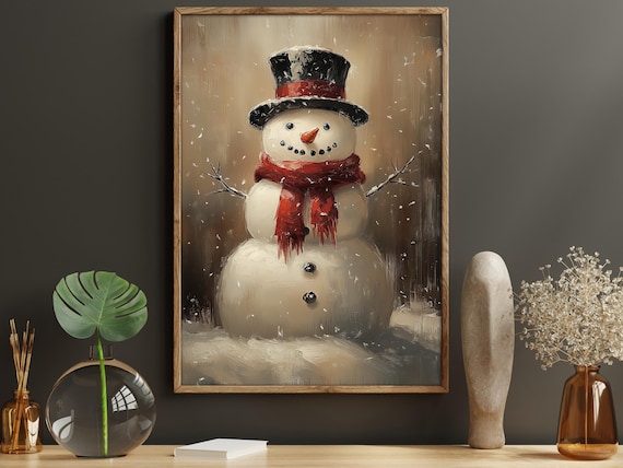 Vintage Cozy Snowman Christmas Wall Art Print