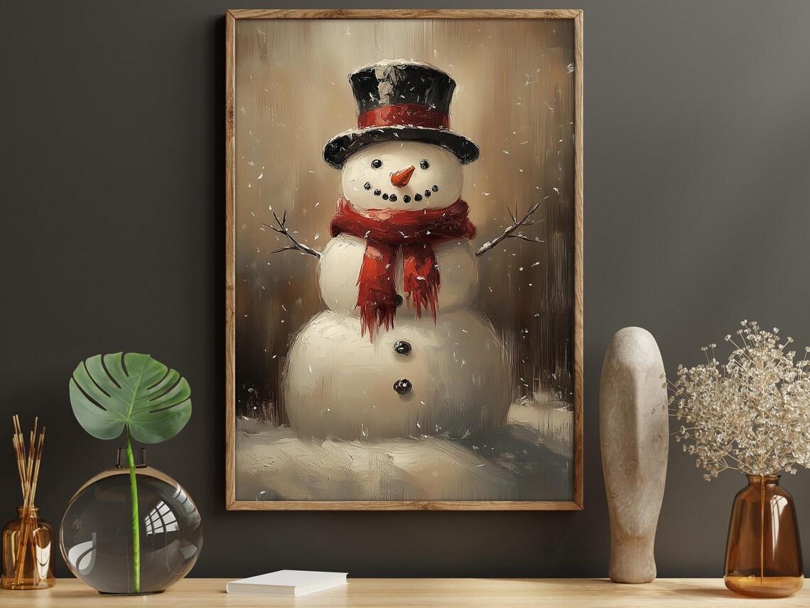 Vintage Cozy Snowman Christmas Wall Art Print