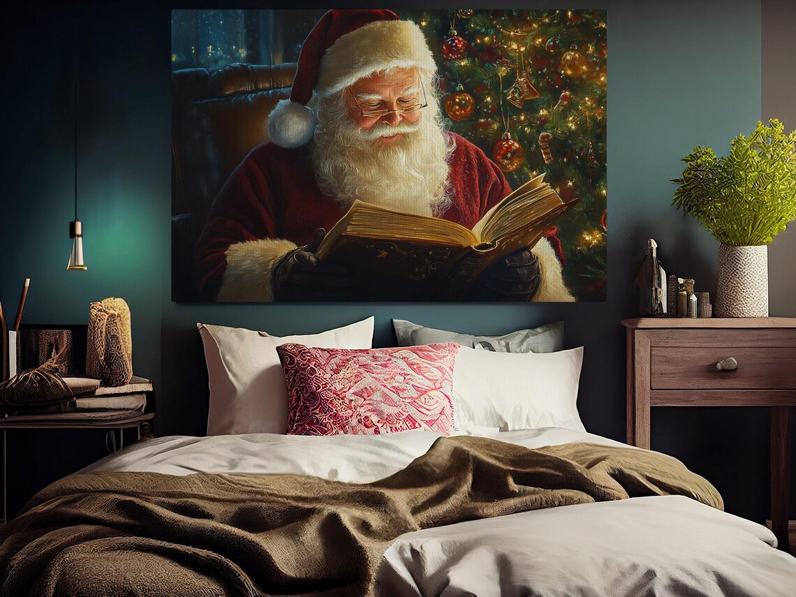 Santa Claus Reading Book Night Window Christmas Tree Lights Quiet Holiday Art Poster - Image 5