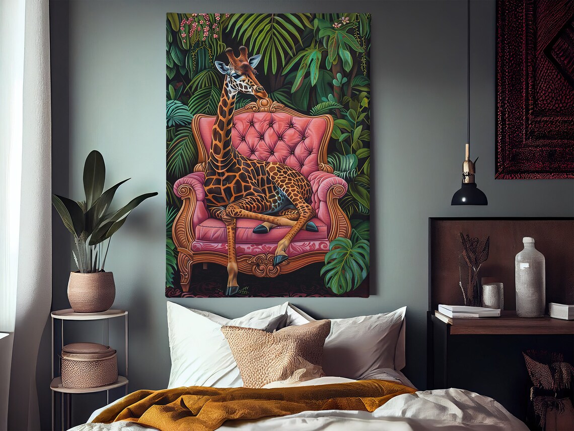 Giraffe Pink Velvet Armchair Tropical Jungle Animal Art Poster - Image 3