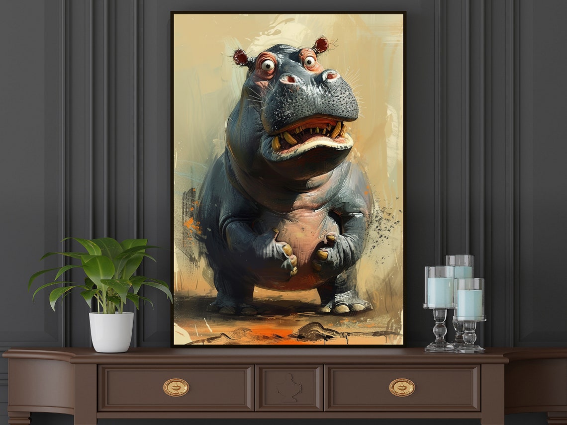 Funny Cartoon Hippo Standing Grinning Playful Wildlife Art Poster - Image 3