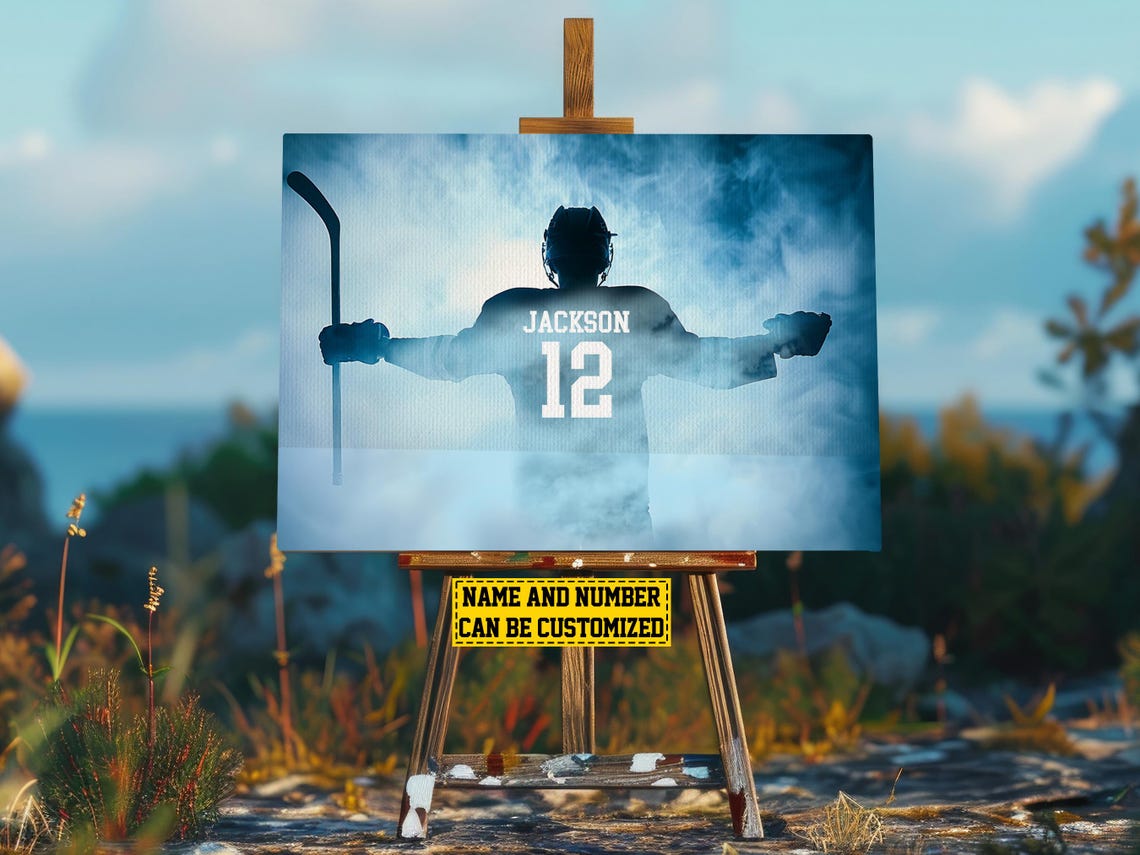 Personalized Victory Hockey Player Silhouette Blue Ice Custom Poster - Image 2