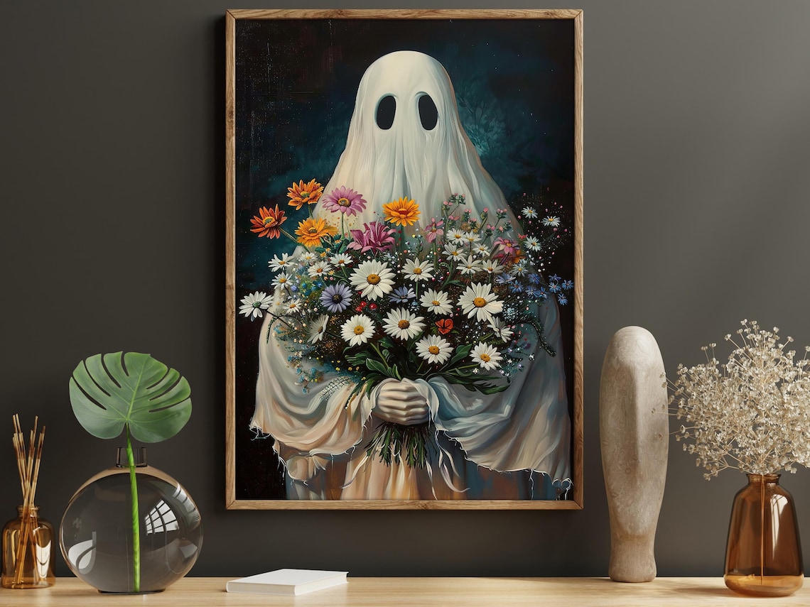 Sweet Ghost Holding Big Bouquet of Wildflowers Dark Floral Art Poster - Image 5