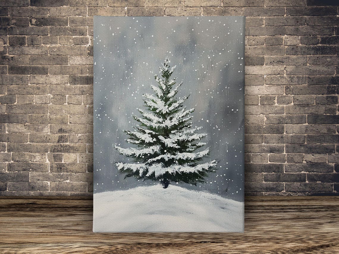 Snowy Pine Tree In Falling Snow Minimalist Winter Landscape Wall Art - Image 2